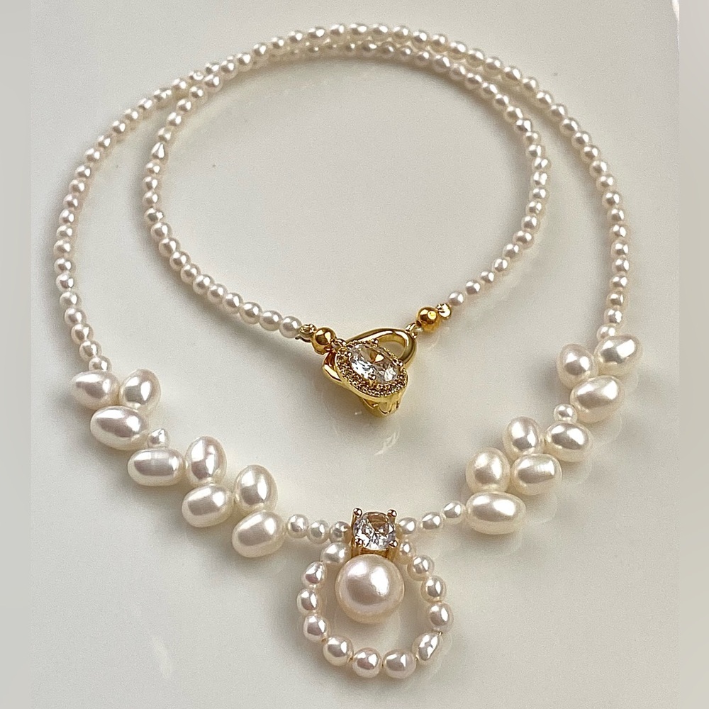 N207-Handmade Dainty Wheat Pattern Pearl And Baby Pearl Necklace